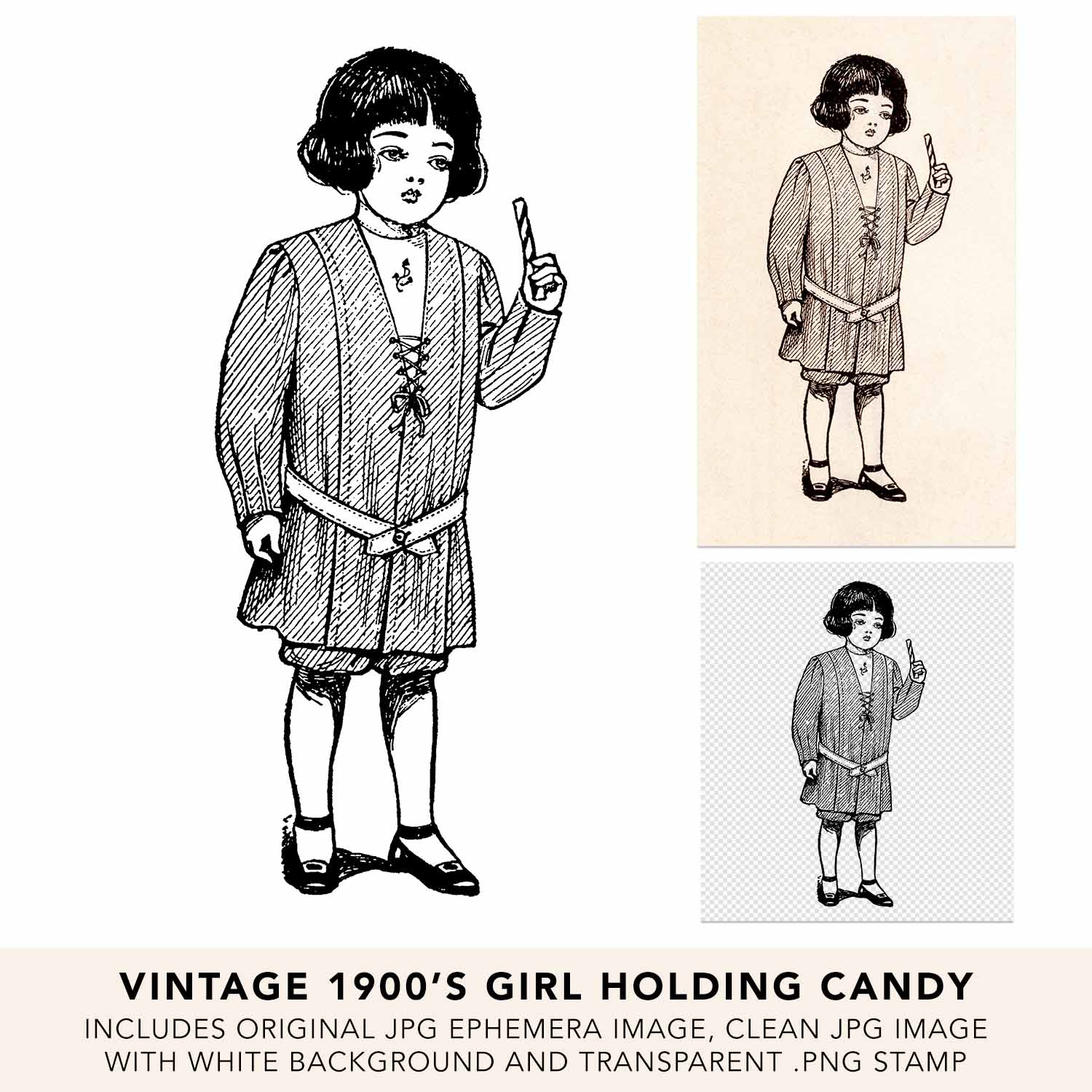 Vintage Girl Holding Candy Line Art Illustration