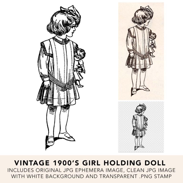 Vintage Girl Holding Doll Illustration
