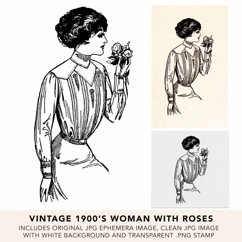 Vintage Woman With Roses Line Art Illustration 02