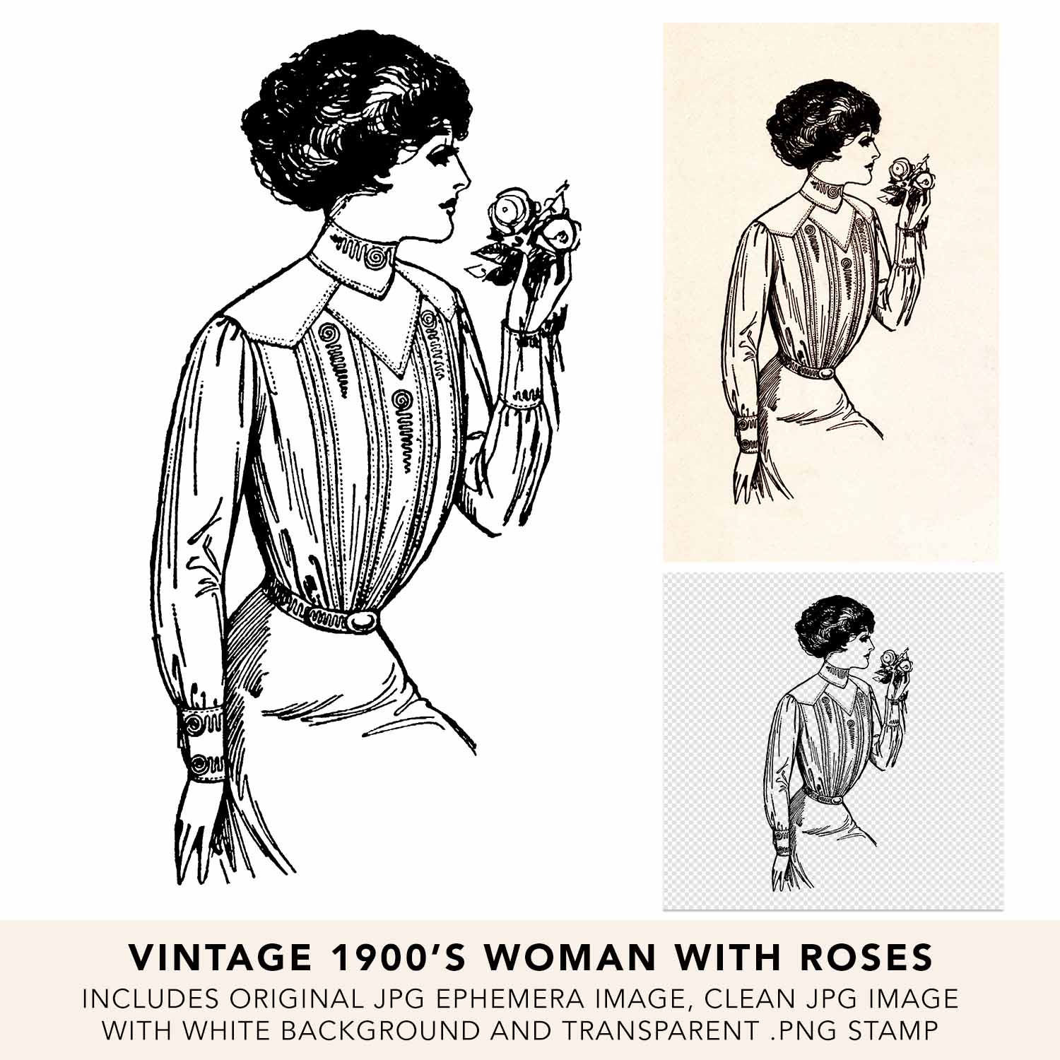 Vintage Woman With Roses Line Art Illustration 02